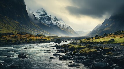 Landscape view in Scotland. Beautiful river in the mountains. Water stream with fog in the mountains