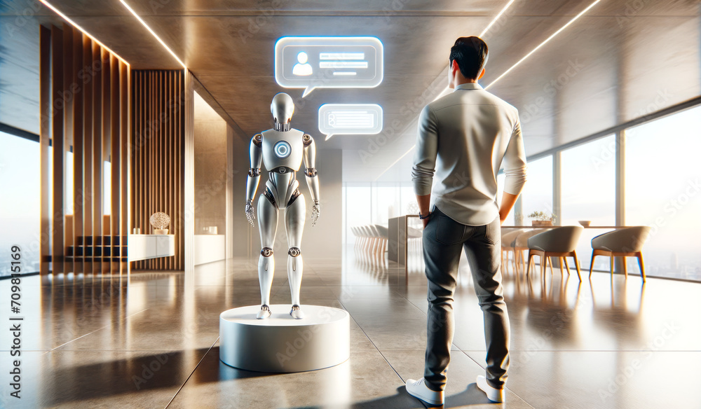Poster Man in modern office communicates with futuristic humanoid robot. Technology interaction concept. Generative AI