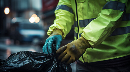 back photography of workers wearing green vest and gloves with trash bag created with Generative Ai - obrazy, fototapety, plakaty