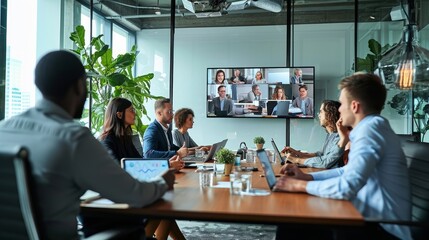 Diverse company employees having online business conference video call on tv screen monitor in board meeting room. Videoconference presentation, global virtual group corporate training, Generative AI - obrazy, fototapety, plakaty