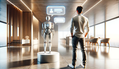 Man in modern office communicates with futuristic humanoid robot. Technology interaction concept. Generative AI