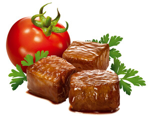 cubos de carne bovina acompanhado de tomate vermelho fresco e salsa isolado em fundo transparente
