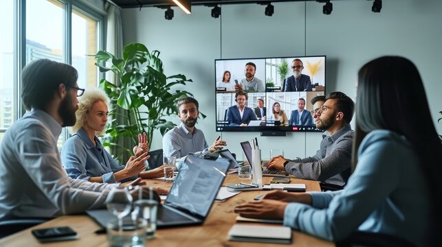 Diverse company employees having online business conference video call on tv screen monitor in board meeting room. Videoconference presentation, global virtual group corporate training, Generative AI - Powered by Adobe