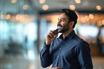 Happy Indian business man talking on mobile cell phone device looking away standing at work. Smiling professional businessman making call on smartphone working with cellphone, Generative AI