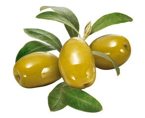 azeitonas verdes acompanhada de folhas verdes de oliveira isolado em fundo transparente