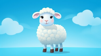 Illustration of a fun  cartoon ram on a white cloud on a blue background. Eid al Adha Mubarak greeting card with sheep. Traditional Muslim holiday. Eid al Adha concept background
