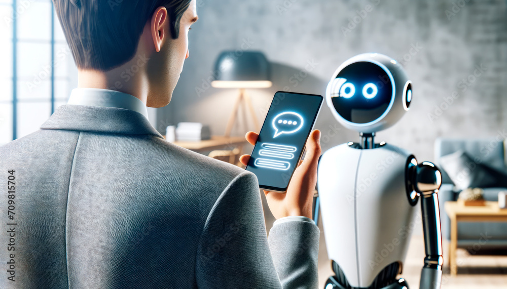 Poster Man in smart attire operates smartphone to interact with friendly robot. Advanced home automation concept. Generative AI