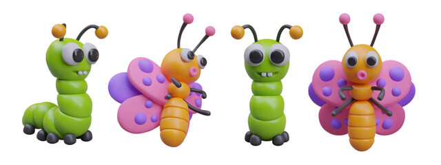 Green caterpillar and colorful butterfly. Realistic insects, front and side view. Stages of butterfly life cycle. Characters in different positions to create dynamic design