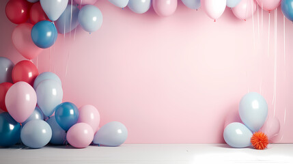 Fototapeta na wymiar Children's birthday background with many balloons in pastel tones