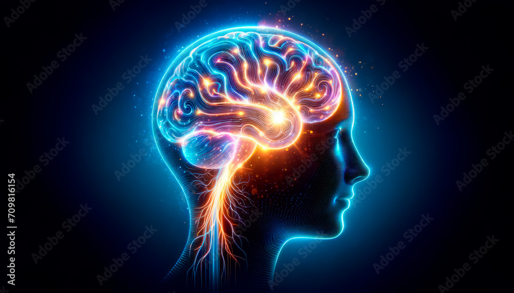 Poster Neurological activity illuminated within a human silhouette, showcasing brainpower and mental processing. Generative AI