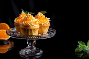 Presentation of orange cupcakes with cream and mint leaf on black background 