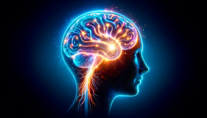 Neurological activity illuminated within a human silhouette, showcasing brainpower and mental processing. Generative AI