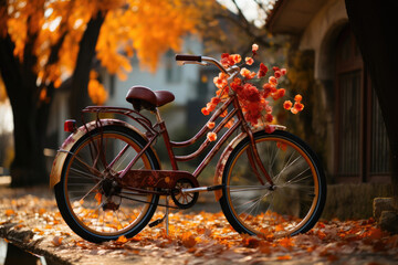 Fototapeta na wymiar Seasonal Serenity: Old Bike and Autumn Leaves