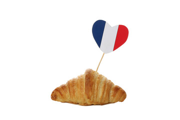 PNG, a croissant with a heart in the color of the French flag, isolated on a white background. © Atlas