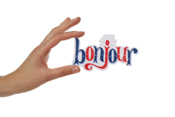 PNG word bonjour in hand isolated on white background.