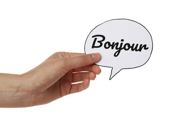 PNG word bonjour in hand isolated on white background. © Atlas