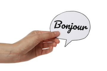 PNG word bonjour in hand isolated on white background.