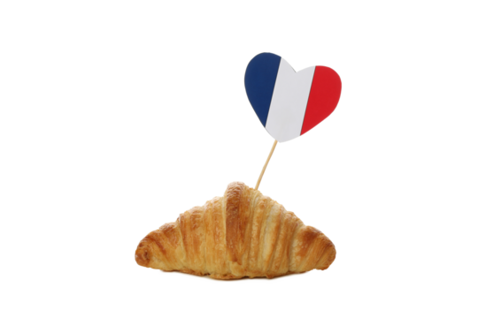 PNG, a croissant with a heart in the color of the French flag, isolated on a white background.