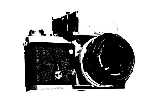 vector old F series analog camera vintage equipment film photography black and white vetirized image on transparent white background