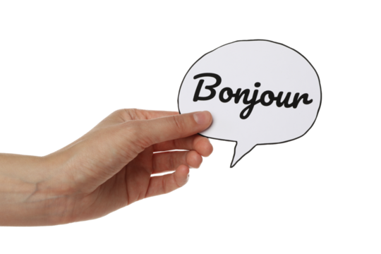 PNG word bonjour in hand isolated on white background.