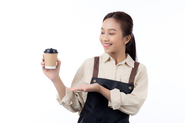 Portrait young asian barista woman wearing apron holding coffee cup and presenting isolated white background, waitress or entrepreneur cheerful and showing, small business or startup, waiter of cafe.