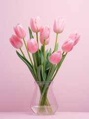 Pink tulips on pink background, perfect for Mother's Day or wedding invitation. AI Generative.