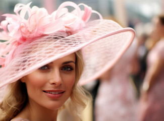 Summer Glamour: A Young Attractive Caucasian Female Model in a Fashionable Pink Dress and Retro Hat, Smiling and Posing with Elegance at a Colorful Costume Parade