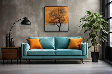 Visualize the elegance of a modern living room with a turquoise sofa positioned near a window against a smooth concrete wall, embodying a minimalist home interior design. 