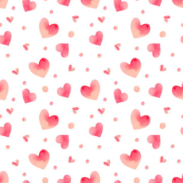 Seamless pattern with watercolor small and large hearts in pink tones and polka dot pattern . Minimalistic Valentine's Day pattern for wrapping paper or keepsake printing.
