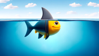 Cartoonish yellow fish wearing shark fin in ocean, playful and cute concept. Generative AI