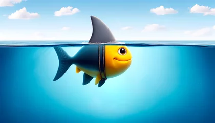 Fotobehang Cartoonish yellow fish wearing shark fin in ocean, playful and cute concept. Generative AI © Who is Danny
