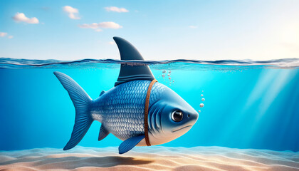 Animated fish with shark fin swimming near ocean surface, small business concept. Generative AI - Powered by Adobe