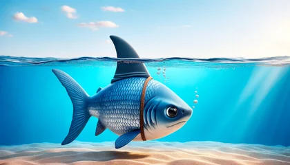 Fotobehang Animated fish with shark fin swimming near ocean surface, small business concept. Generative AI © Who is Danny