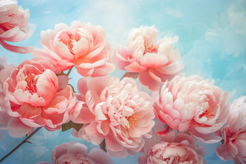 Beautiful pink large flowers peonies on a light blue turquoise background with blurry soft filter