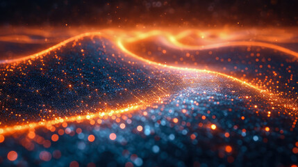 Abstract background on wavy black background with orange glowing lines and floating dots. - obrazy, fototapety, plakaty