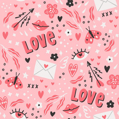 Romantic flat vector seamless pattern. Love cartoon lettering. Valentines Day festive wrapping paper. Hand-drawn love letter, arrows, flowers on pink background