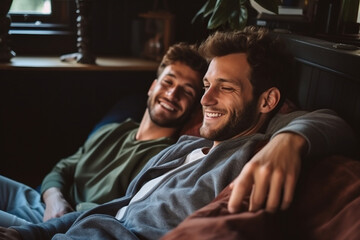 Carefree young gay couple relaxing on a couch