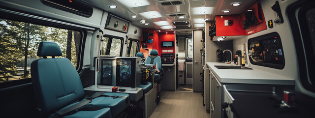 Interior of an ambulance. High key. - obrazy, fototapety, plakaty