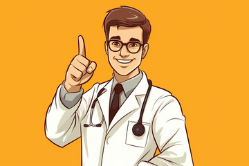 Cartoon Caucasian man doctor wears glasses tie and white coat. Finger pointing up. yellow background