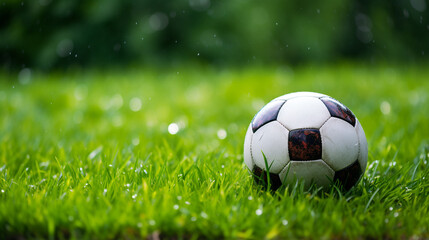 Fototapeta premium a soccer ball sits on the green grass and there is a white line created with Generative Ai