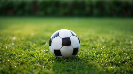 Fototapeta premium a soccer ball sits on the green grass and there is a white line created with Generative Ai