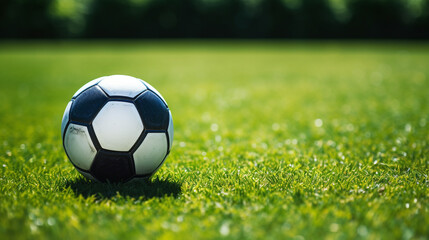 Fototapeta premium a soccer ball sits on the green grass and there is a white line created with Generative Ai