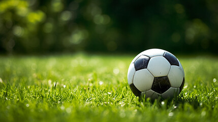 Fototapeta premium a soccer ball sits on the green grass and there is a white line created with Generative Ai