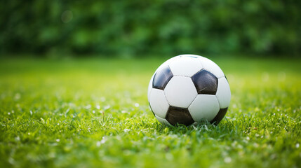 Fototapeta premium a soccer ball sits on the green grass and there is a white line created with Generative Ai