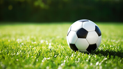 Fototapeta premium a soccer ball sits on the green grass and there is a white line created with Generative Ai