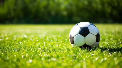 Fototapeta premium a soccer ball sits on the green grass and there is a white line created with Generative Ai