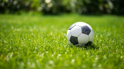 Fototapeta premium a soccer ball sits on the green grass and there is a white line created with Generative Ai