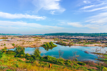 Grand Canyon in Thailand, Nature of rock canyon in Mekong River, Dry rock reef in the Mekong River with mountain hills. View of Sam Phan Bok is called Valley of Thailand. Nature landscape background.