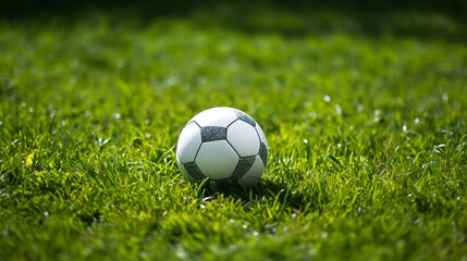 a soccer ball sits on the green grass and there is a white line created with Generative Ai