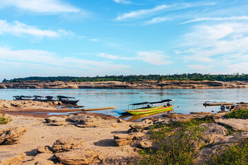 Grand Canyon in Thailand, Nature of rock canyon in Mekong River, Dry rock reef in the Mekong River with mountain hills. View of Sam Phan Bok is called Valley of Thailand. Nature landscape background.